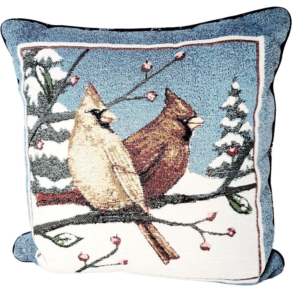 Vtg Cardinal Needlepoint Accent Throw Pillow Winter Forest Blue Red Birds